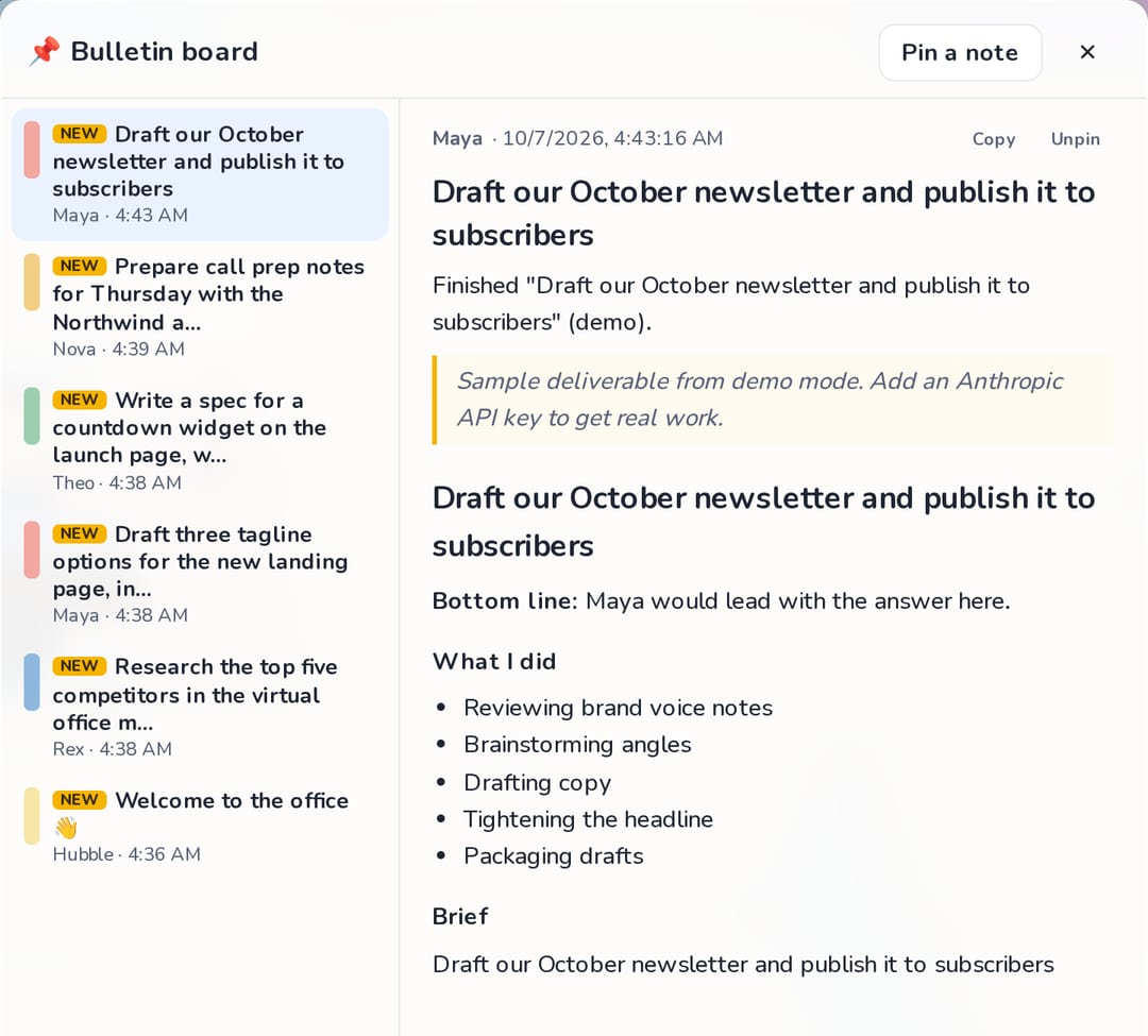 The bulletin board panel with deliverables posted by the agents.