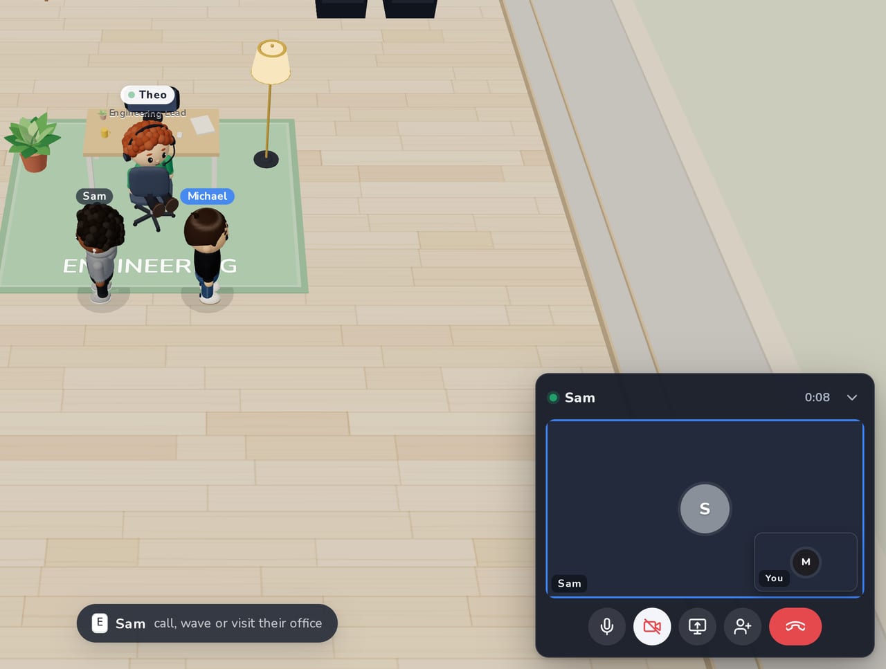 An audio call with Sam inside the office, shown as a small call window.