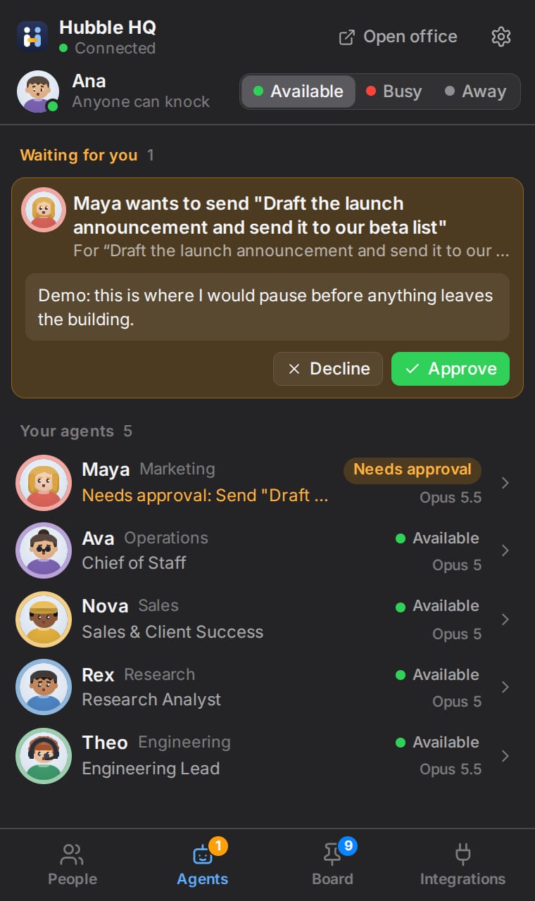 The menu bar app in dark mode: an approval from Maya waiting, with Approve and Decline buttons.