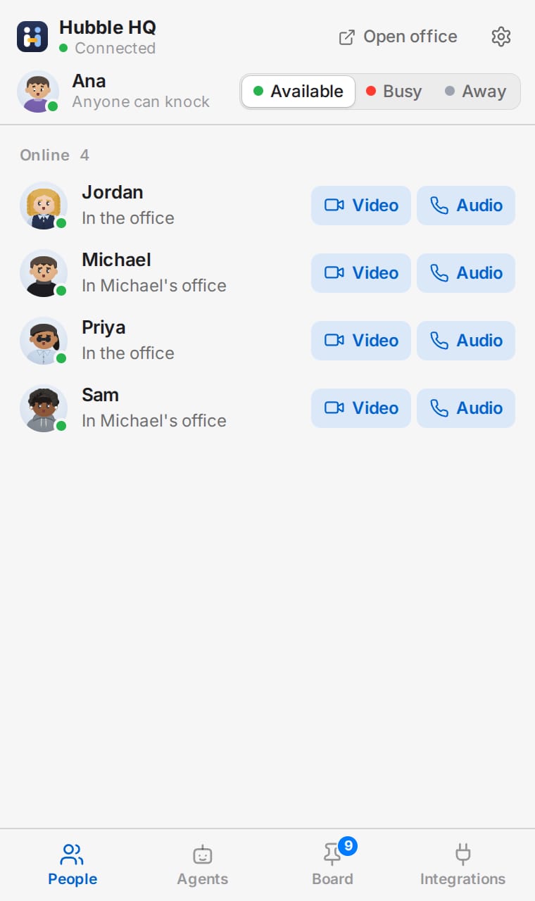 The menu bar app in light mode: teammates online with knock buttons for video and audio.