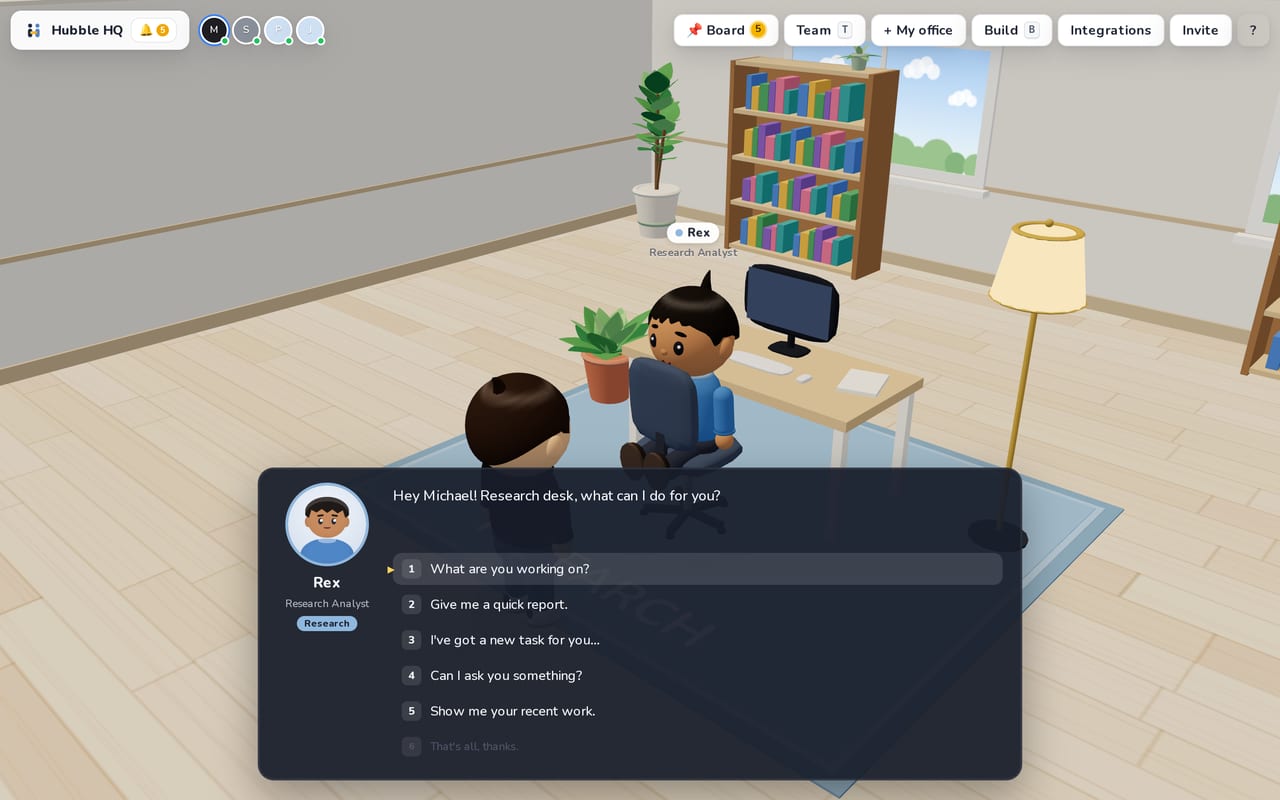 Talking to Rex, the research analyst, at his desk. A dialogue box offers: what are you working on, a quick report, a new task, a question, recent work.