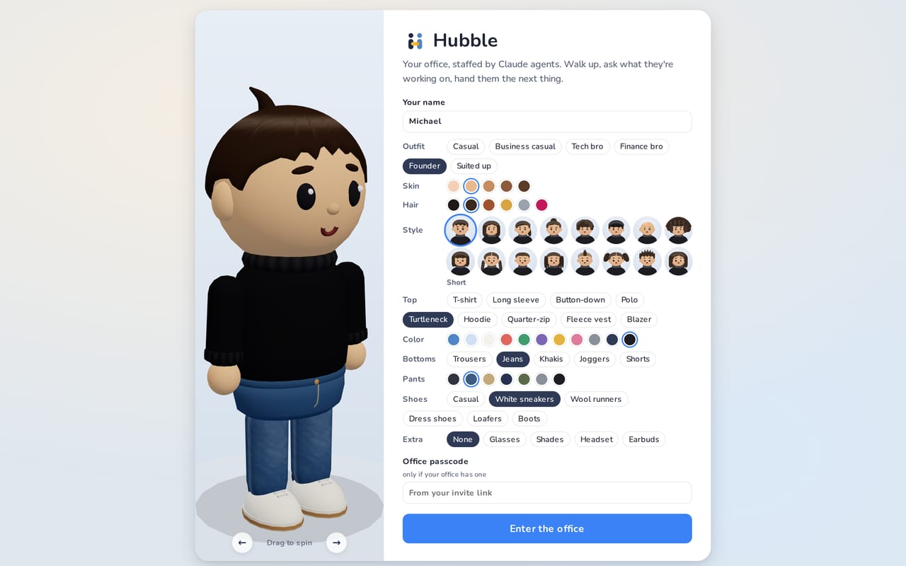 Hubble join screen: a character creator with outfits, skin, hair and style options next to a 3D preview of the character.