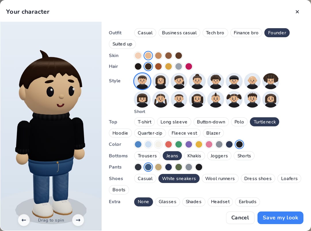 The Edit my look window with outfit, color and hair options.