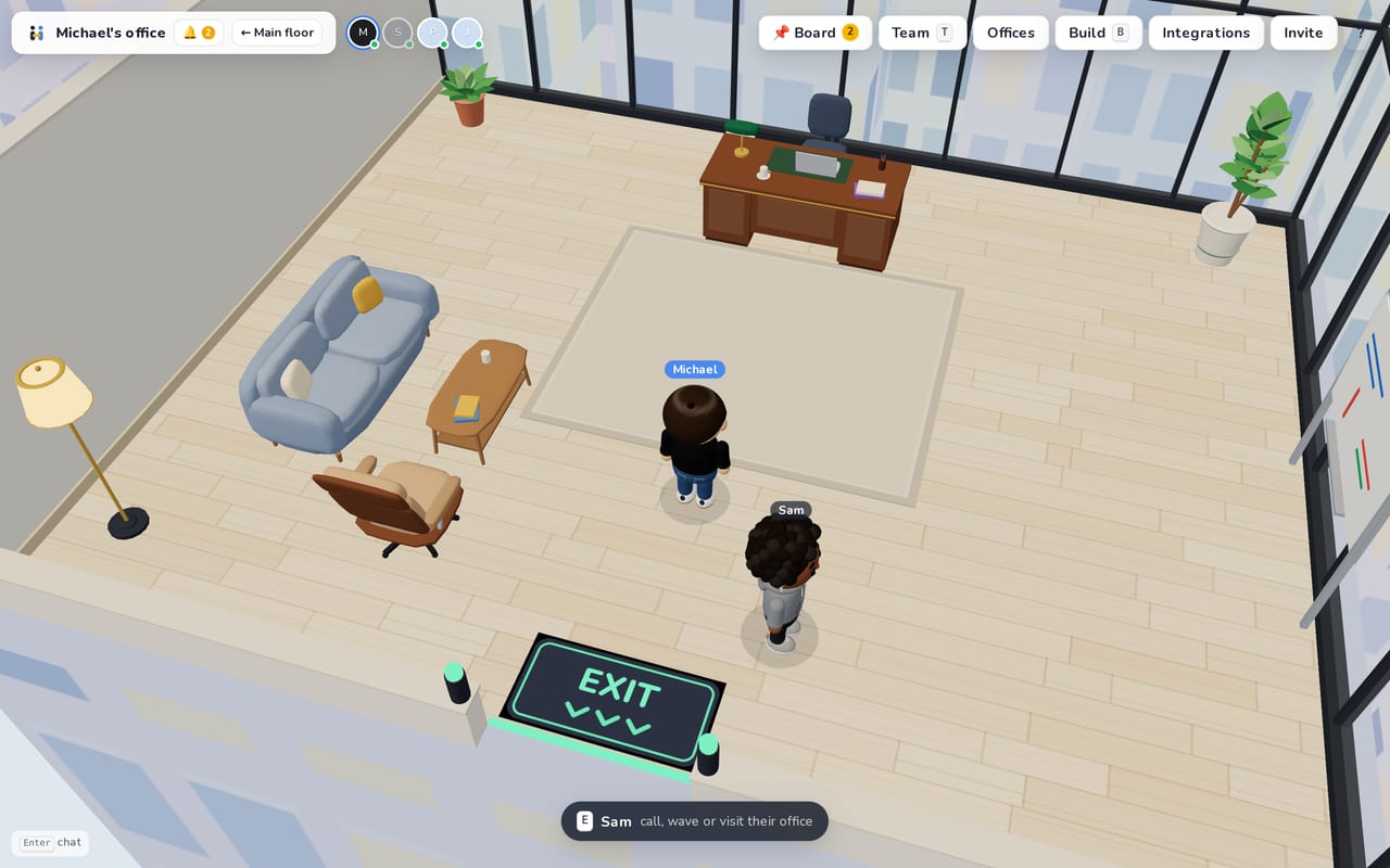 A personal office in the Skyline style, with a visitor.