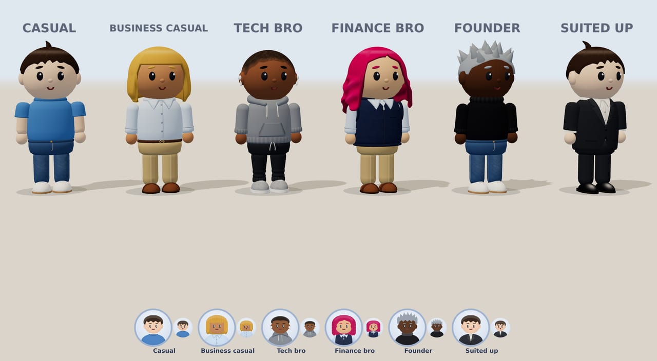Six characters wearing the outfit presets: Casual, Business casual, Tech bro, Finance bro, Founder and Suited up.