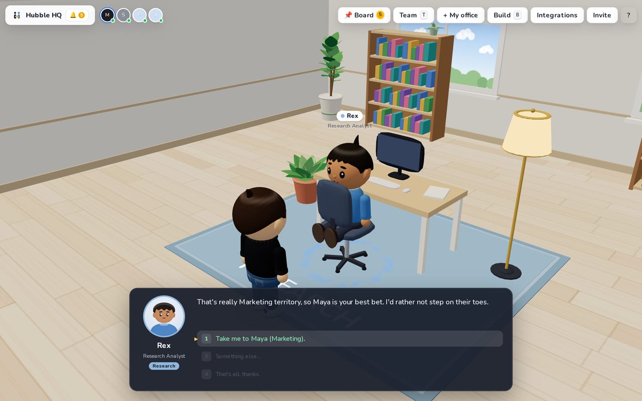Rex, the research analyst, redirecting a request for a LinkedIn campaign: that's Marketing territory, so Maya is the best bet. The options offer to take you to Maya.