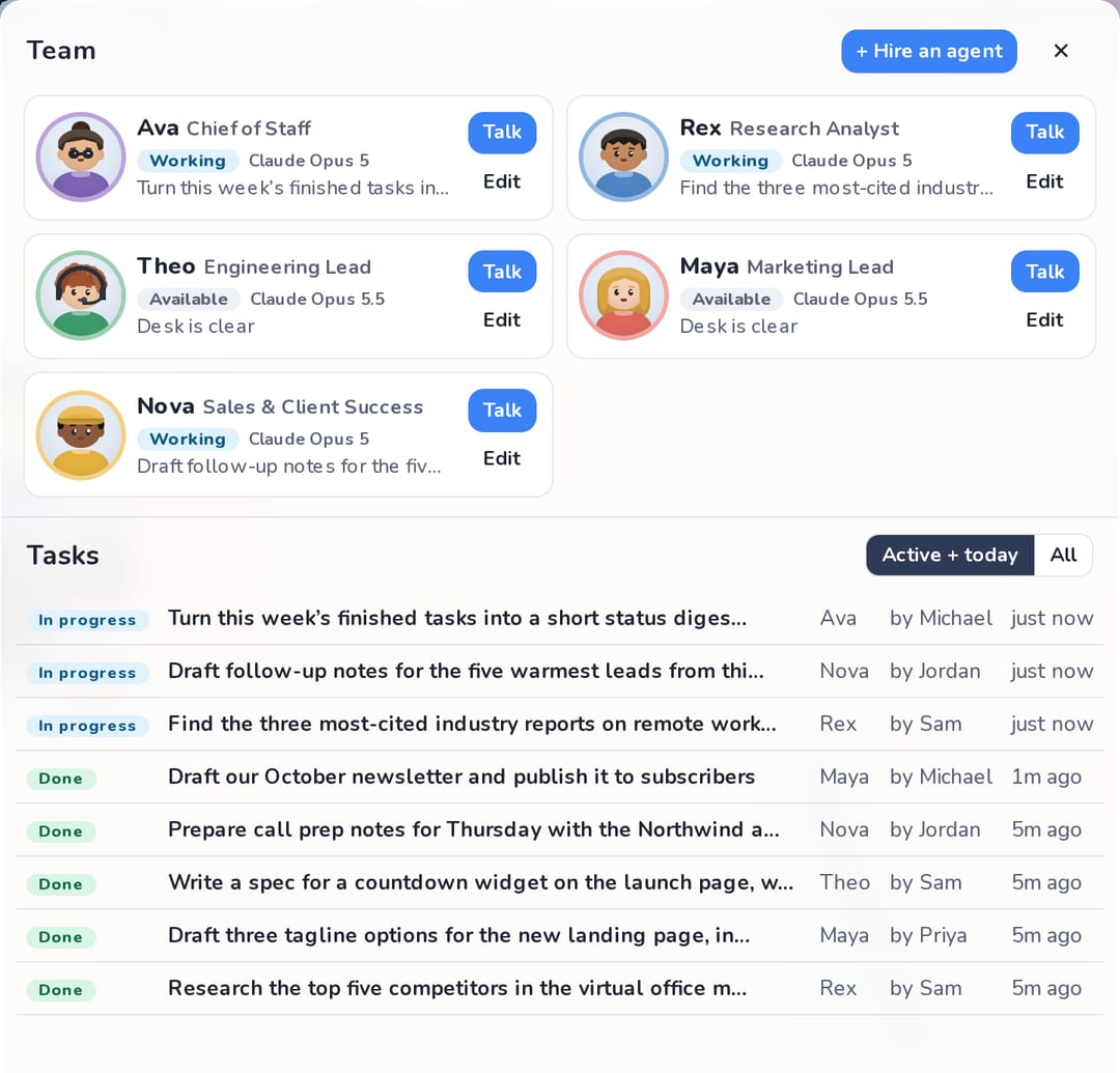 The Team panel listing each agent with their status, model and current task.